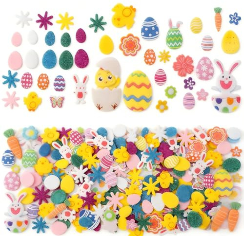 Xiqunw 300 Stück Ostern Sticker, Ostereier, Hühner, Kaninchen Moosgummi Aufkleber, Oster Basteln Kinder, Glitter Schaumstoff Sticker Kinder, für DIY Ostern Dekora Party Heimdekoration