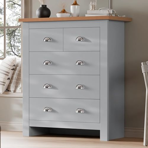 Blisswood Chest of Drawers, 3+2 Drawer for Bedroom Furniture Storage Cabinet Unit with Oak Top, MDF Wood Chest for Living Room, Wardrobe or Hallway Furniture, Grey/Oak 42D x 75W x 102H CM