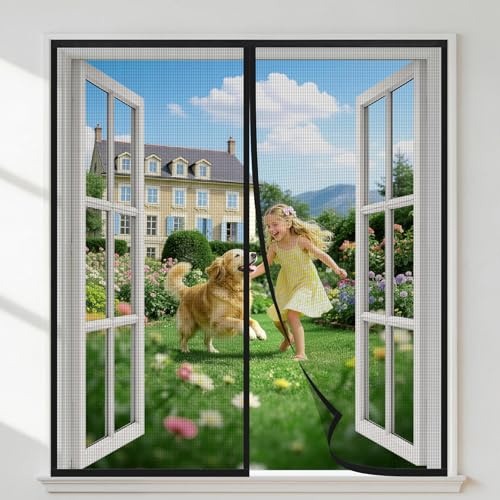 HALIDOOR Moustiquaire Fenêtre Magnétique 120x130 cm Noir, Rideau Anti-Moustique à Ouverture Centrale Fermeture Automatique, Sans Perçage, Idéale pour Balcon, Chambre et Salon