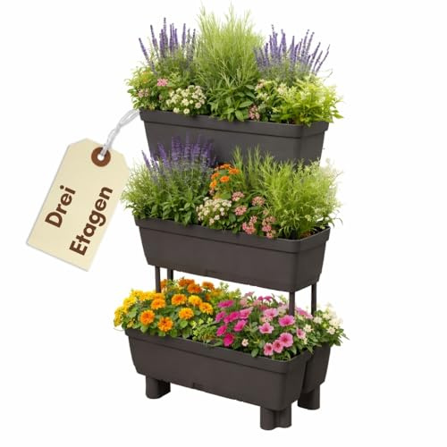Pflanzkübel mit Sichtschutz Hochbeet Balkon 3 Etagen Vertikalbeet mit Sichtschutz Blumenkasten Balkon Hoch Pflanzentreppe Pflanzpyramide Hochbeet für Garten