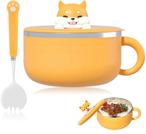 CLKUEH 1200ml Ramen Bowl with Handle and Lid, Stainless Steel Noodle Bowl Stainless Soup Bowls Noodle Pots with Lids and Spork for Offices Households Dormitories