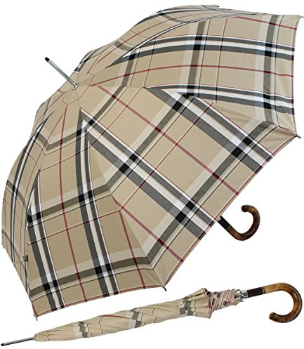 Doppler Manufaktur Herren Stockschirm Diplomat kariert beige mit echtem Holzgriff