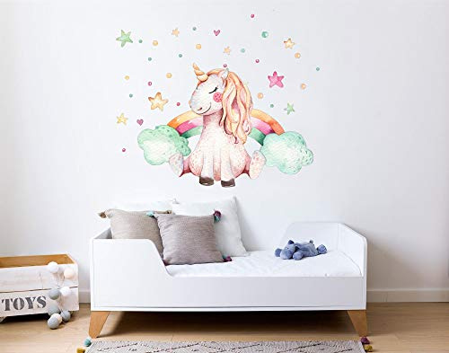 Vinilo Decorativo Infantil de Pared Unicornio y Arcoiris con Estrellas y puntitos – Autoadhesivo de fácil colocación – Habitación Infantil – 47x60