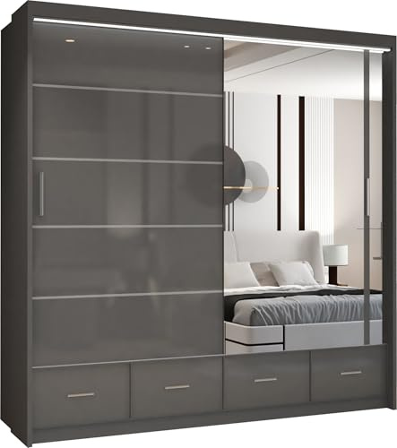 MN Furniture Sycylia High Gloss Sliding Door Wardrobe with Mirror, LED Light & Bottom Drawers | Available in 150cm, 208cm, 255cm (Grey, 208cm)