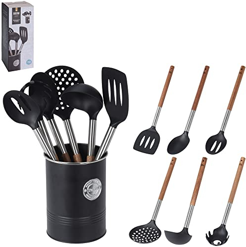 MIJOMA Set di 7 cucchiai da cucina con supporto, manici in legno di acacia, lunghezza 30 cm, utensili da cucina, cucchiaio da forno, mestolo da cucina, mestolo per zuppa, cucchiaio per spaghetti,
