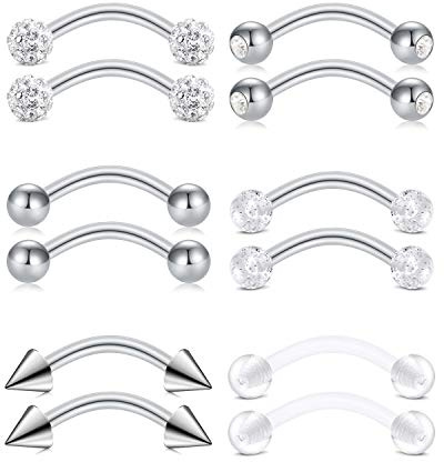 LAURITAMI 12 st 16 g kirurgiskt stål ögonbryn piercing ringar klar diamant CZ böjd skivstång roook daith piercing hållare kroppssmycken för kvinnor män e rostfritt stål, colore: SILVER, cod. FA70824-MD10-1