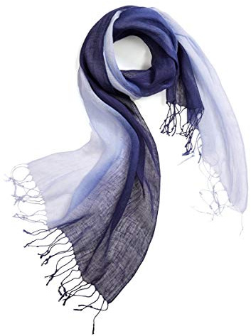 Prettystern linne unifärg unisex sommar franshalsduk, T69 mörkblå-ljusblå, 180/55 cm + seitlich 10cm Fransen