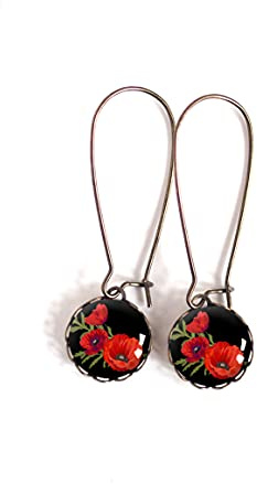 Boucles d'oreilles cabochon 12 mm, coquelicot rouge et noir