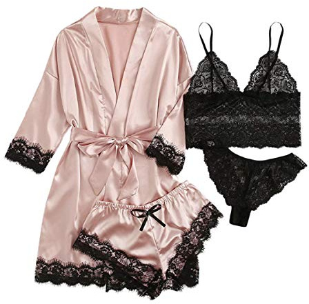 AudMsier Pigiama in Pizzo a Quattro Pezzi da Donna in Raso con Intimo Corto con Cintura, Abbigliamento in Seta (M, Rosa)