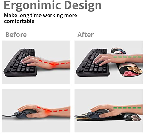 Schwarze Handgelenkauflage, ergonomisches Gel-Mauspad & Memory-Schaum-Tastatur-Set, rutschfeste Gummi-PU-Unterseite, einfaches Tippen und Linderung von Handgelenkschmerzen, Büro, bunte Katzenpfoten