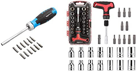Amazon Basics Set di cacciavite magnetico a cricchetto, 12 pezzi in 1 & Set di chiave a cricchetto e cacciavite magnetici con impugnatura a T, confezione da 27 pezzi