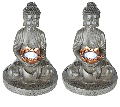 bmf-versand Solarleuchte für Außen Garten Buddha Figur 2er Set - Solarleuchte Balkon Statue - Gartenlampe Höhe 30 cm - Außenleuchte LED Stehend - Gartendeko Solar Wetterfest