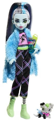 MONSTER HIGH Puppe und Sleepover-Zubehör, Frankie Stein Puppe mit Haustier Hund Watzie, Creepover Party, HKY68