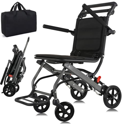 WISGING Ultraleichter Transportrollstuhl (nur 6,8kg), Klappbarer tragbarer Rollstuhl mit Handbremse, Trolleys für ältere Menschen Flugreisen, Rollstühle für Erwachsene (mit Tasche) (mit Teleskopgriff)