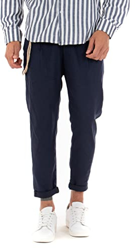 Giosal- Pantalone Elegante Uomo di Lino Tinta Unita con Catena,Modello Tasca America Vari Colori
