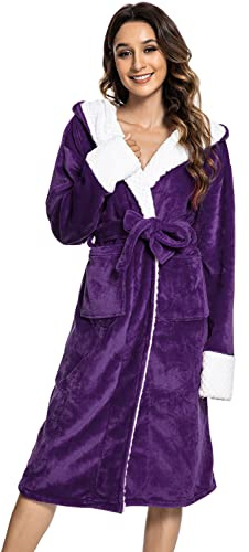 Tuopuda Albornoz Capucha Larga con Bolsillos,Bata para Mujeres con Capucha Albornoz de Forro Polar Señoras Robe Albornoz Mujeres Shawl Towel baño Abrigo Invierno(Morado)
