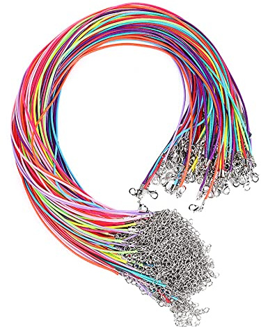 SHULLIN 50 Stück Lederband Kette Halskette Seil 2mm lederschnüre geflochtene gewachste Halskette Schnur Lederhalskette mit Verschluss und Kette für DIY Armband Halskette Schmuck(bunt