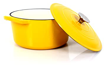 Casseruola in ghisa Echtwerk con rivestimento in smalto, pentola in ghisa, padella per arrosti con coperchio, teglia rotonda per pane, adatta per forni, griglie, barbecue e induzione, giallo, 3,5 L