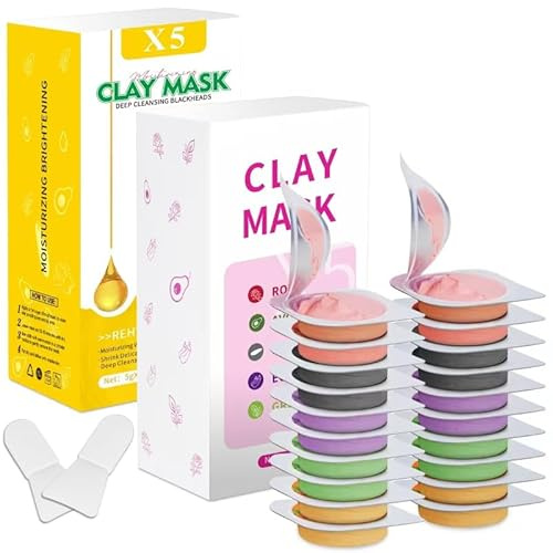 Aaenouicfs Clay Mask Set 20 Pods, Face Mask Skin Care, Green Tea, Turmeric, Dead Sea Mud, Rose, 24K Gold, Eggplant, Avocado, Mud Mask Deep Cleansing Skin, Blackhead Removal, Men & Women Facial Mask