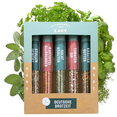 Laux Deutsche Brotzeit Geschenkbox - 5 Erlese Gewürze im Set - Hochwertiges Salat & Grill Zubehör - Geschenk-Ideen für Frauen & Männer - Ausgefallene Geschenke (5x76g)