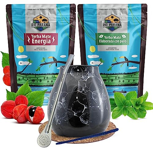 Rio Parana Yerba Mate Set 2 x 500g with Accessories | Yerba Mate Tea Cup Set with Drinking Straw | Traditional Smoked Yerba Mate with Guarana | Argentinian Yerba Mate with Dust - Natural Caffeine