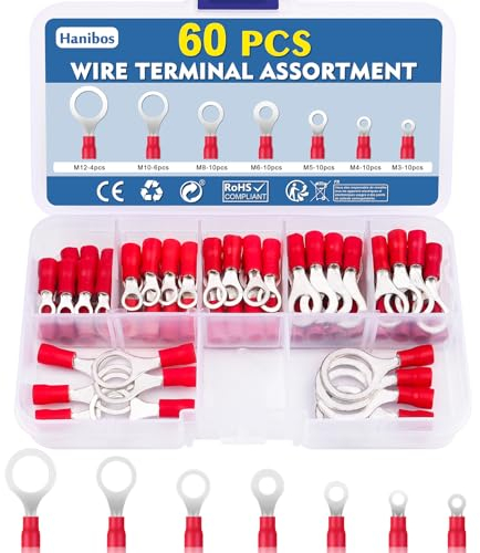 Hanibos 60 Pcs Ring Terminals Red 0.5-1.5mm² Insulated Ring Crimps Wire Connectors 22-16AWG Electrical Connectors M3 M4 M5 M6 M8 M10 M12 Ring Terminals Crimps Connectors