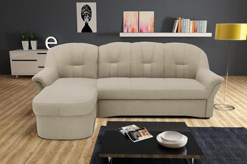 DOMO. collection Ecksofa Puno, kleines Schlafsofa in L-Form mit Longchair, Sofa, Couch, Schlafcouch, Polstermöbel, Eckcouch, 233 x 142 x 84 cm (BxTxH), schlamm (beige) | Longchair links mit Bettfunktion, klassisches Ecksofa in L-Form mit runden Armlehnen, 233 x 142 x 84 cm (BxTxH)