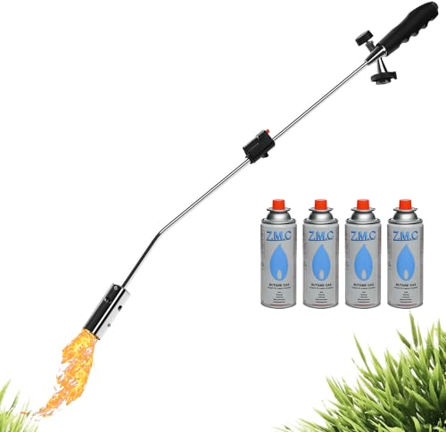 ZMC Unkrautvernichter 2,5 kW + 4 Gaskartuschen 227g, Unkrautbrenner mit Piezo-Zündung, Abflammgerät mit einstellbarer Flammenleistung bis zu 1400 °C