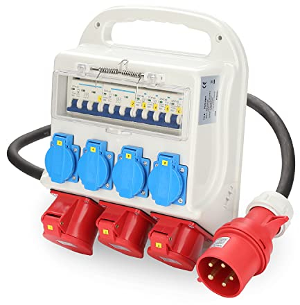 Cecaylie Distributore di Corrente da Costruzione 32 A, 2 x CEE 400 V/16 A, 1 x CEE 400 V/32 A, 5 Poli, 4 x 230 V (Schuko), Distribuzione dell'Alimentazione Con Presa Schuko