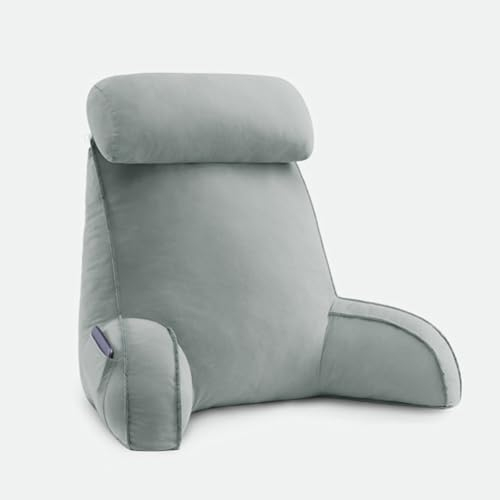 CLOYAO Lesekissen,Bücherkissen Für Bett,Bequemes Kissen mit Armlehnen,Rückenstützkissen mit Nackenkissen,für Lesen,Arbeiten,und Spielen auf dem Bett,Sofa,oder Couch,Light Gray