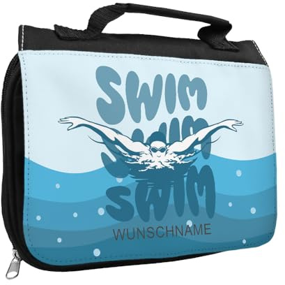 Kulturbeutel mit Namen und Motiv mit Schwimmen | Kulturtasche mit Hobby personalisiert
