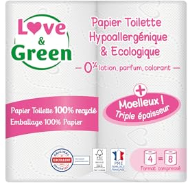 Love & Green - Papier Toilette 3 plis - triple épaisseur - Hypoallergénique (certifié Dermatest) et Ecologique (certifié FSC) - 4 rouleaux compressés =8