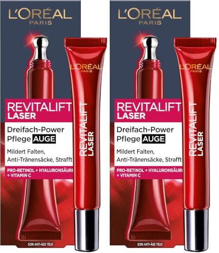 L'Oréal Paris Augenpflege, Revitalift Laser X3, Anti-Aging Augencreme mit 3-fach Wirkung, Hyaluronsäure, 15 ml (Packung mit 2)