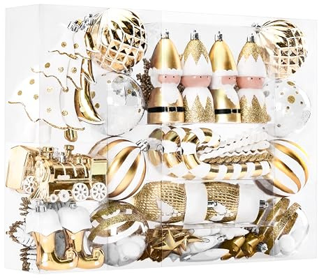 Alupssuc Set di 95 palline di Natale, infrangibili, soldati, calzini di Natale per albero di Natale, vacanze, matrimoni, decorazioni con ganci, oro e bianco
