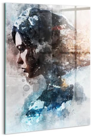 Wallfluent Glasbild Mit Motiv Gehärtetes Glas Bild Dicke 4mm 70x100cm Wanddekoration Für die Küche Badezimmer und Schlafzimmer Wandbild - Abstrakt gemaltes Porträt einer Frau