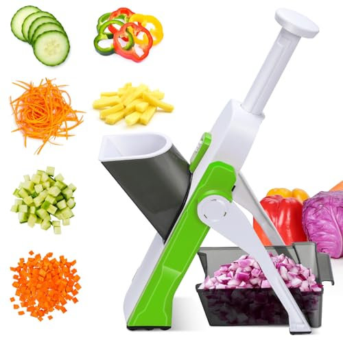 Mandoline Vegetable Slicer, MASTERTOP Safe Vegetable Chopper with 4 Cutter Modes, Adjustable Potato Slicer to Dice, Chop, Julienne, Mandolin Slicer for Cucumber Potato Carrot Cheese - Green & White
