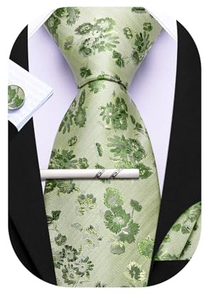 Barry.Wang Herren-Krawatten-Set, florale Krawatte, Einstecktuch, Manschettenknöpfe, Clip, klassische Herren-Seidenkrawatten, 4-teiliges Set für Hochzeit, Party, Business, Hellgrüne Blumenkrawatte,