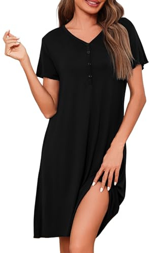 Uniexcosm Nachthemd Damen Kurzarm Schlafshirt V-Ausschnitt Baumwolle Nachtwäsche mit Knöpfen Schlafhemd Frauen Sommer Soft Sleepshirt Schwarz S