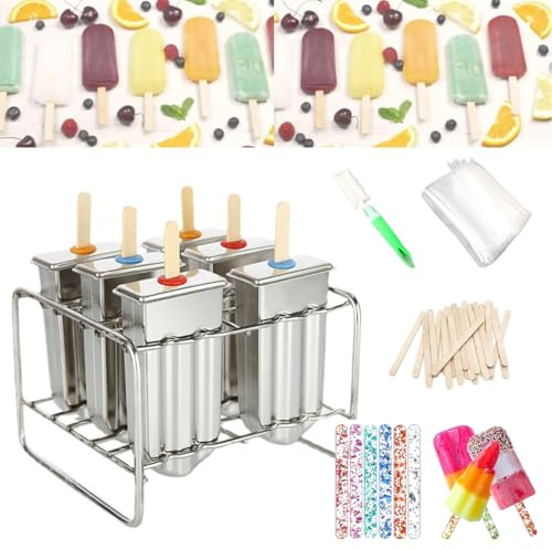 Set of 6 Stainless Steel Popsicle Molds Kit, Metal Popsicle Moulds,Homemade Ice Treat Makerwith 50 Wooden Sticks and 6 Silicone Seals and 20 Pop Bags,Cleaning Brush（semi-circular）