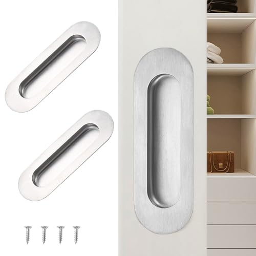 Deyixinup 2 tiradores de puerta corredera ovalados plateados empotrados de acero inoxidable con tornillos ocultos para puertas corredizas, armarios, cajones, armarios