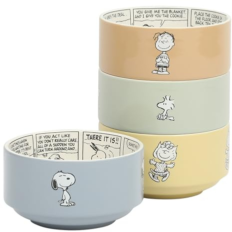 Peanuts Snoopy Bonbon Bites 4-Piece 5.5-Inch Decorated Stoneware Ceramic Stackable Bowl Set, Microwave & Dishwasher Safe Snack and Dessert Bowls