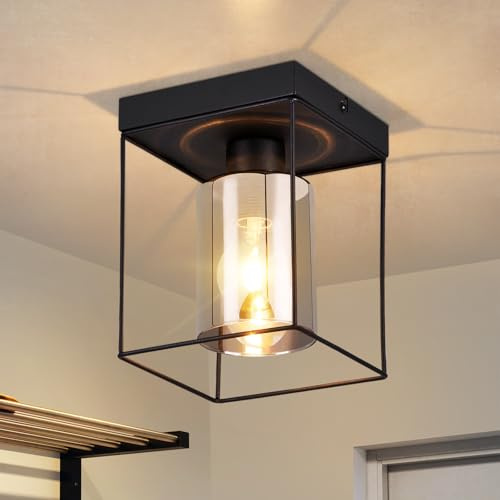 CBJKTX Deckenlampe Flur Deckenleuchte Glas - 1 Flammig E27 Vintage | Flurlampe mit Schwarz Metall Decke Industrial Style Retro Schlafzimmerlampe für Küche Schlafzimmer Büro (ohne Leuchtmittel)