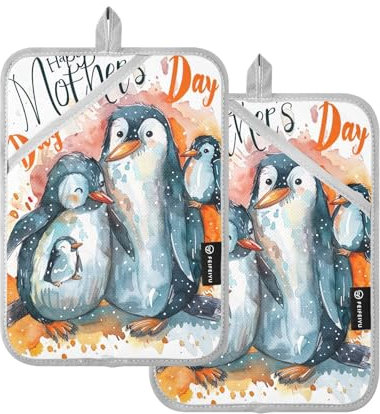 Set di presine per la festa della mamma con pinguini, 2 presine, resistenti al calore