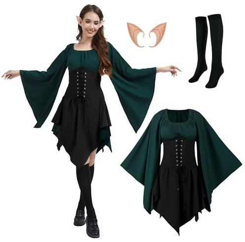 rumnigh Vestito medievale da donna, abito tradizionale irlandese, rinascimentale, vintage, gotico, costume per Halloween, carnevale, cosplay (nero, M)