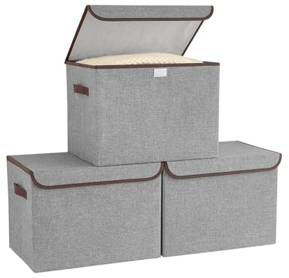 Bagnizer Faltbare Aufbewahrungsbox mit Deckel 3er Set 37x24x24cm | Stoff Aufbewahrungsbox mit Griffen, Groß Kisten Aufbewahrung mit Deckel für Schlafzimmer, Kleideraufbewahrung, Grau