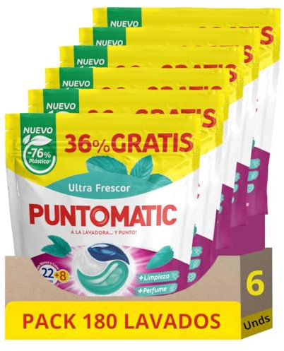 PUNTOMATIC | Cápsulas Tricámara Frescor | Detergente Lavadora para Ropa Blanca y de Color | Quitamanchas | 22 +8 lavados Pack 6 Unidades 180 Lavados (6)