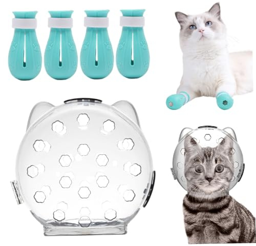 Cat Bubble Muzzle with 4 Boots 5 Inch Breathable Transparent Cat Muzzle with Lock Anti-lick & Anti-Bite Head Cover for Grooming, Nail Trimming