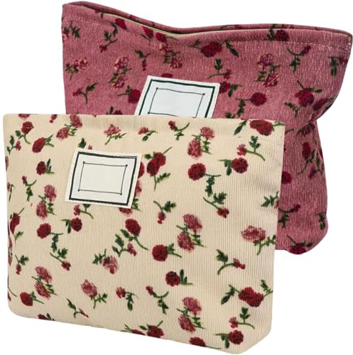 2 PCS Floral Makeup Bags Floral Cosmetic Bag Rose Flower Printing Corduroy Toiletry Bag Pink Quilted Cosmetic Pouch Makeup Organizer Cotton Portable Pouch with Metal Zipper for Women Girls