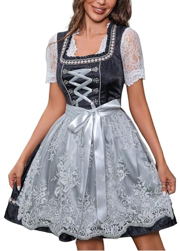 dirndl abito tradizionale bavarese elegante, set completo con grembiule, abito curvy, per Oktoberfest, Nero, L.