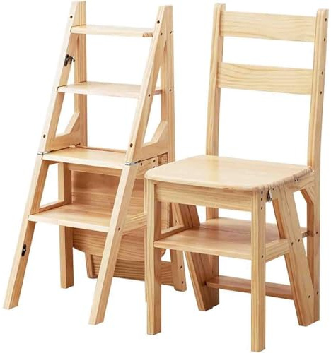 AJKNCVPEA Silla Plegable con Escalera de Madera Maciza, Escalera de Biblioteca portátil de 4 peldaños, Taburete Plegable Convertible con Escalera y Soporte de exposición.(Wood Colour)